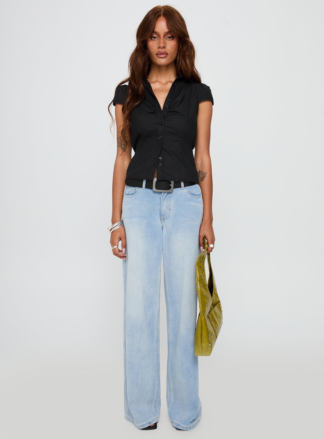 back view of model wearing Princess Polly Arianwyn Short Sleeve Shirt Black Short Sleeves V-Neck 