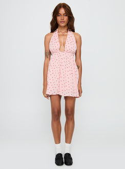 front view of model wearing Princess Polly Saddler Mini Dress Pink Floral Plunger 