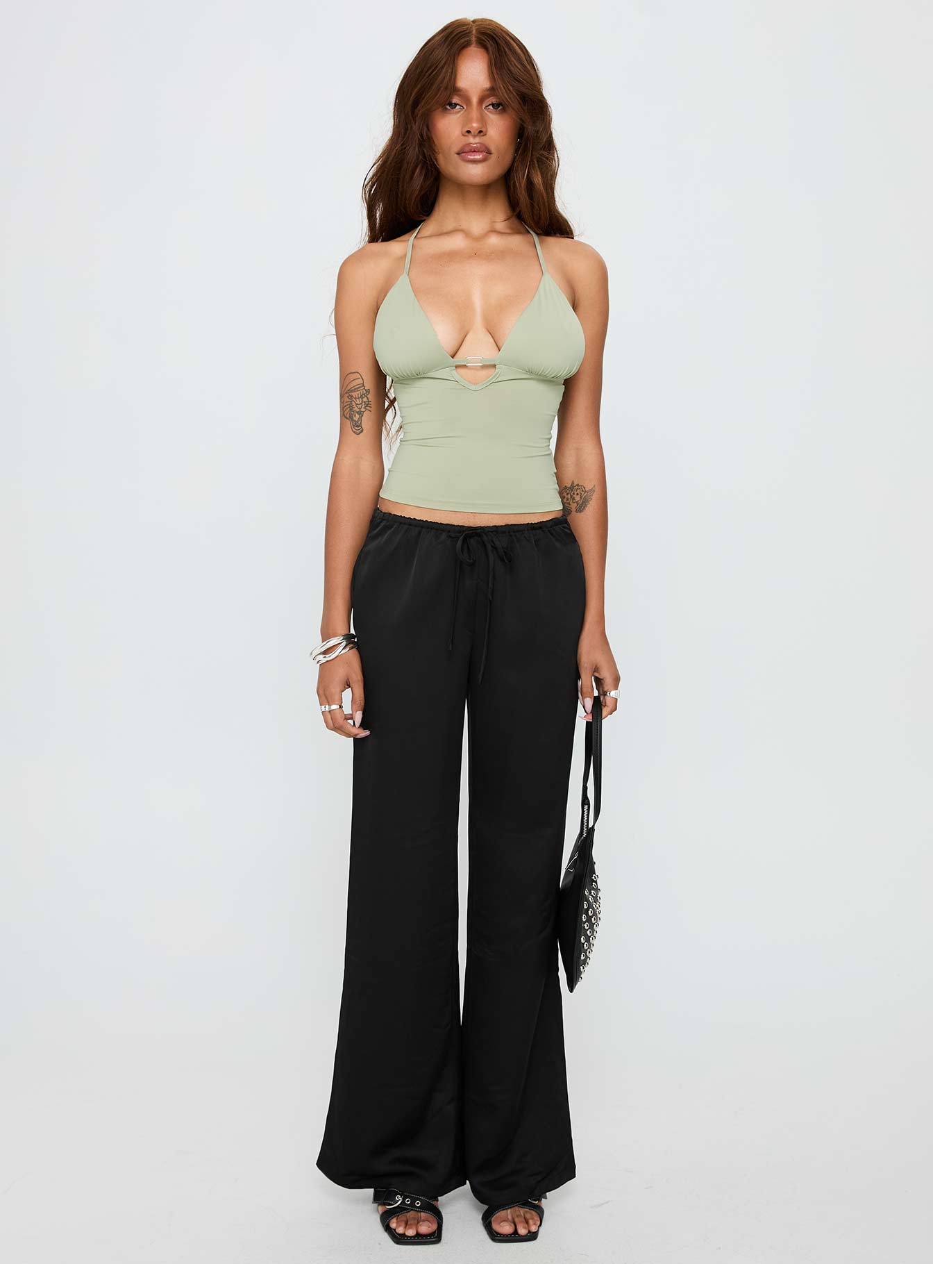 front view of model wearing Princess Polly Norwalk Plunge Neck Top Sage Sleeveless Plunger 