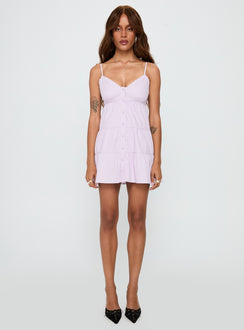 front view of model wearing Princess Polly Tylie Tiered Mini Dress Lilac Sweetheart Neckline 