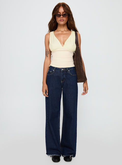 front view of model wearing Princess Polly Can We Dance Top Cream Sleeveless V-Neck 