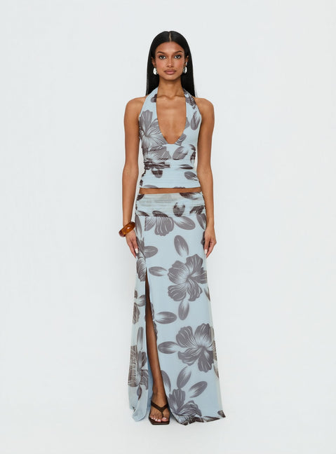 Roselin Mesh Halter Top Blue Floral