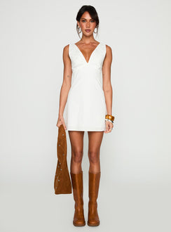 front view of model wearing Princess Polly Florien Broderie Mini Dress White Plunger 