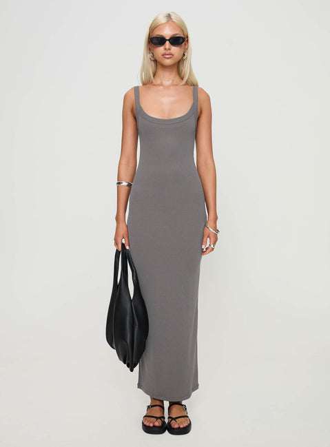 front view of model wearing Princess Polly Montwood Maxi Dress Charcoal Scoop Neck 