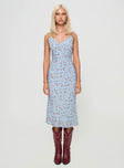 front view of model wearing Princess Polly Forsell Maxi Dress Blue Floral V-Neck 