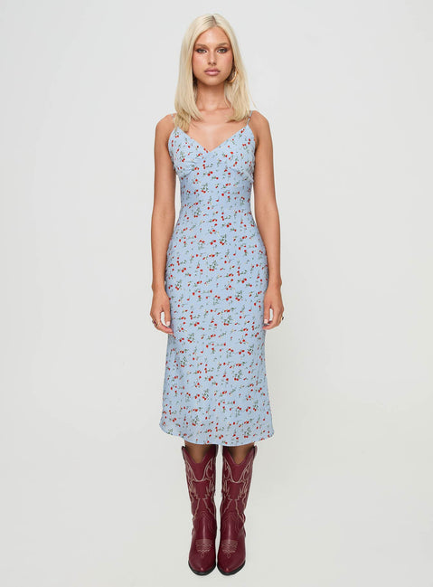 front view of model wearing Princess Polly Forsell Maxi Dress Blue Floral V-Neck 