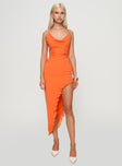 front view of model wearing Princess Polly Azurea Midi Dress Orange Cowl Neck 