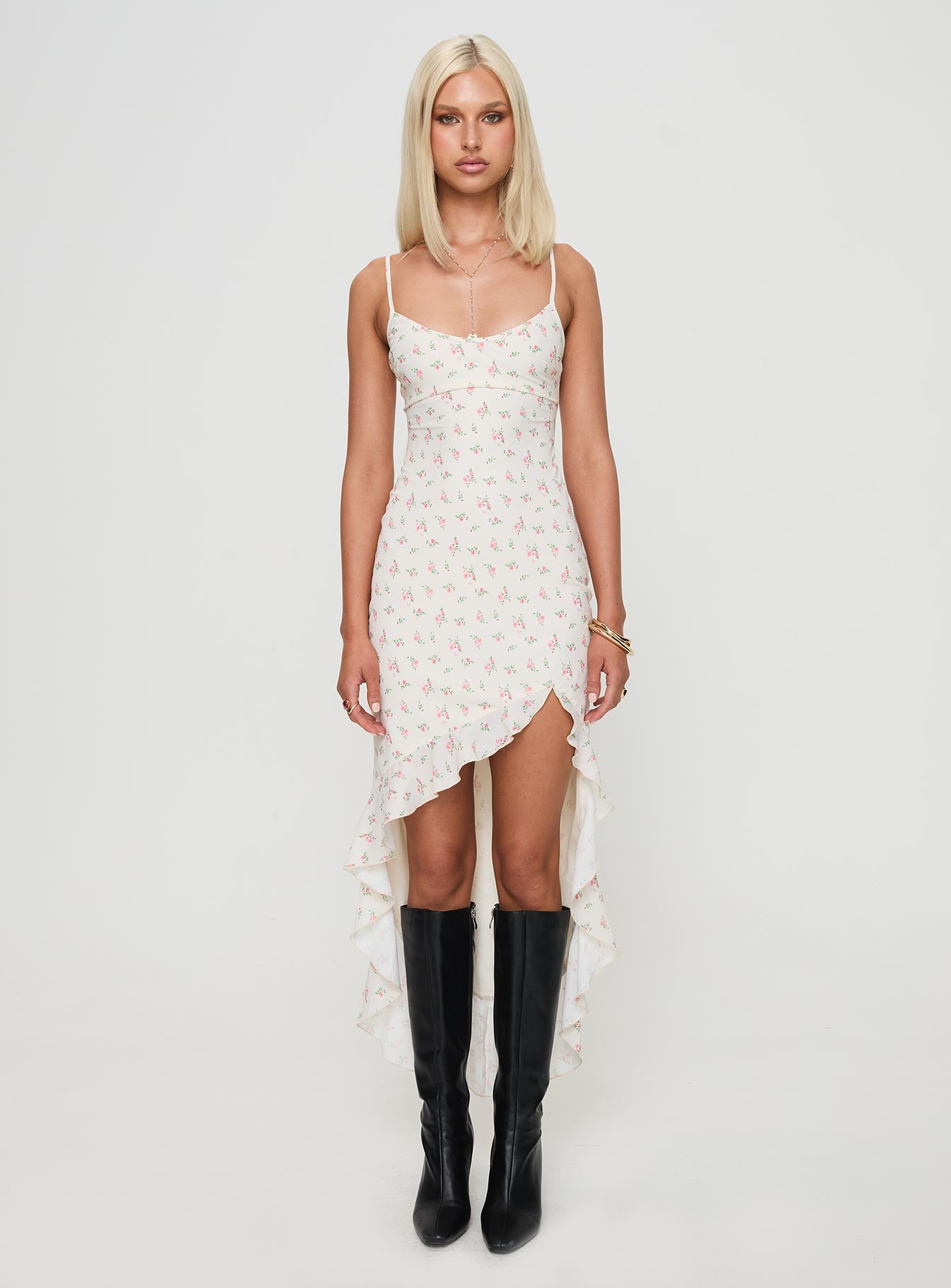 side view of model wearing Princess Polly Roulette Midi Dress Cream Floral Scoop Neck 