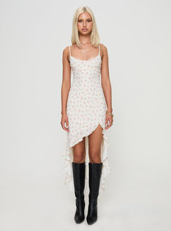 side view of model wearing Princess Polly Roulette Midi Dress Cream Floral Scoop Neck 