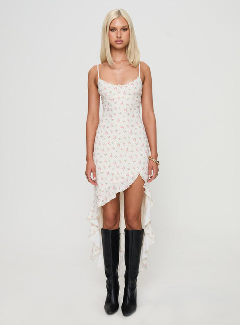 side view of model wearing Princess Polly Roulette Midi Dress Cream Floral Scoop Neck 