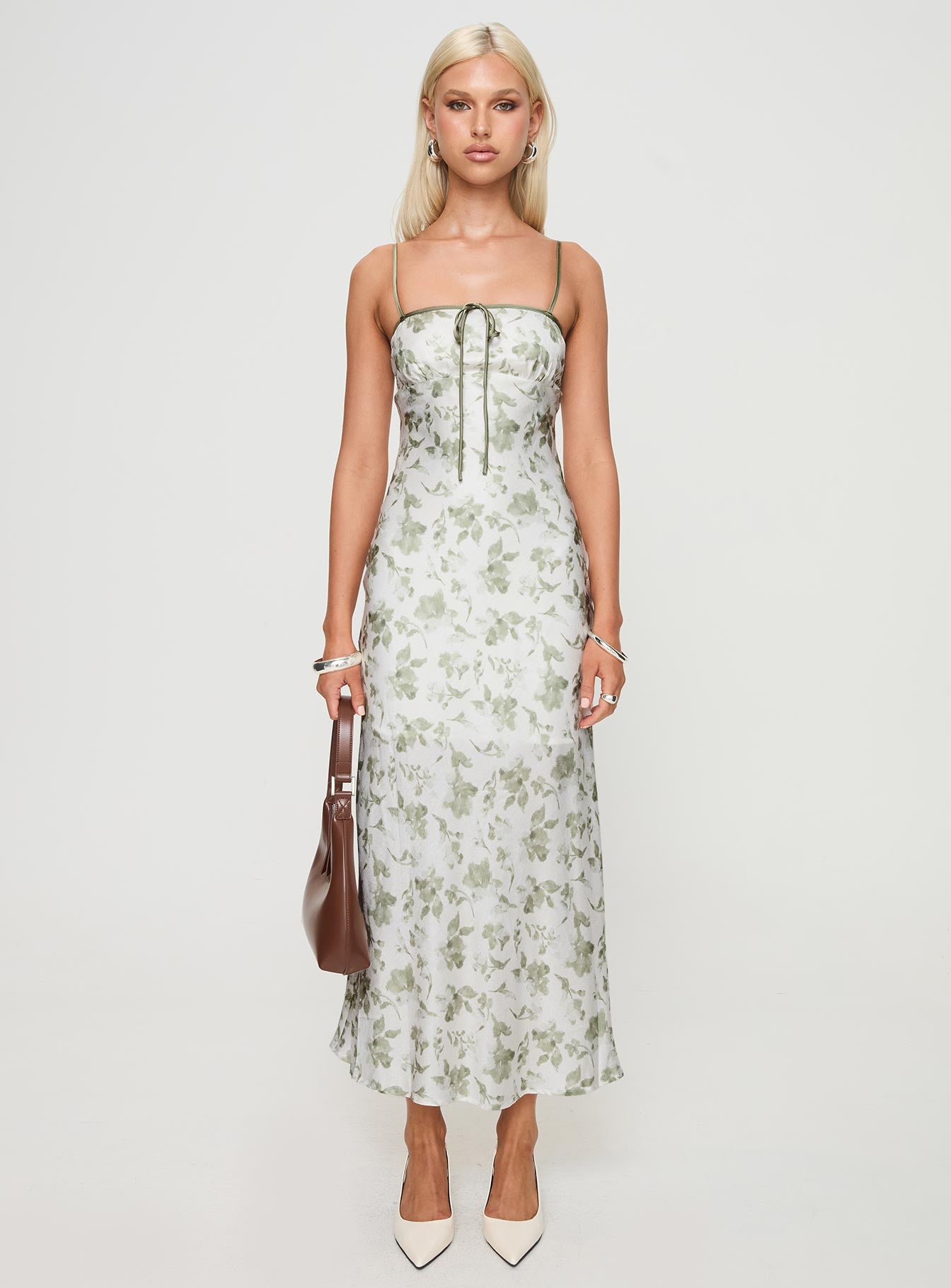 front view of model wearing Princess Polly Vasiliki Maxi Dress White / Green Floral Square Neck 