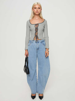 side view of model wearing Princess Polly Tahlea Long Sleeve Top Grey Full Sleeves Scoop Neck 