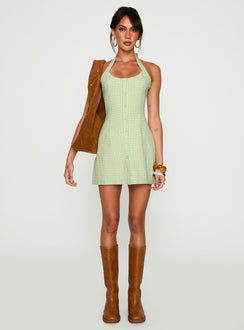 side view of model wearing Princess Polly Mallorie Halter Mini Dress Green Check Scoop Neck 