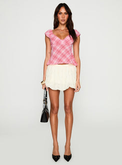 back view of model wearing Princess Polly Jazz Club Top Pink Check Short Sleeves Plunger 