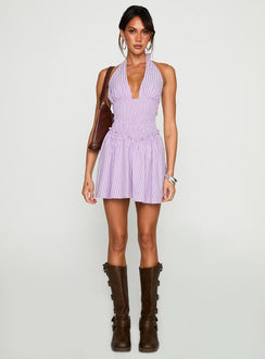 side view of model wearing Princess Polly Attracted Halter Mini Dress Purple Stripe Plunger 