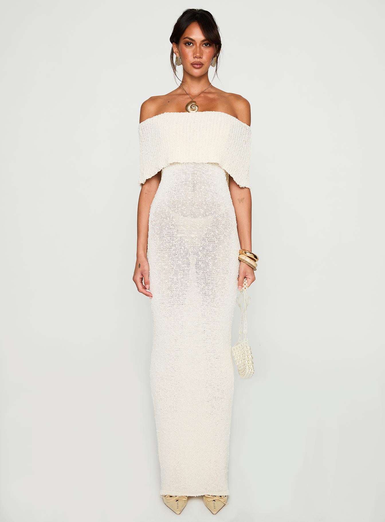 front view of model wearing Princess Polly Nixen Strapless Knit Maxi Dress Cream Straight Neck 