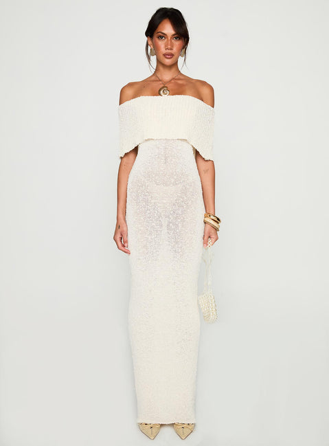 front view of model wearing Princess Polly Nixen Strapless Knit Maxi Dress Cream Straight Neck 