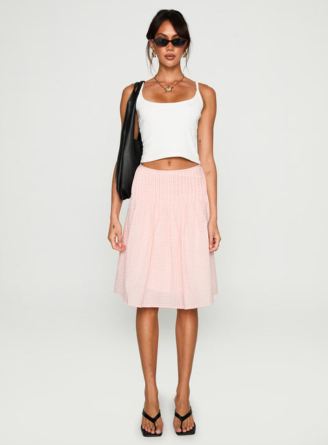   side view of model wearing Princess Polly Maryanna Midi Skirt Pink Gingham 
