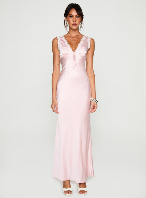 front view of model wearing Princess Polly Liliya Lace Maxi Dress Pink Plunger 