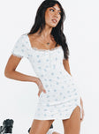 Front view of model wearing  front Princess Polly Boat Neck  Love Lies Mini Dress White / Blue Floral