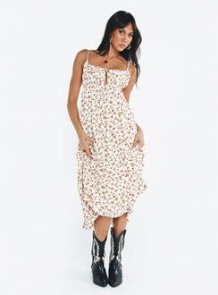 Front view of model wearing  front Princess Polly Crew Neck  Empress Of Love Maxi Dress White / Red Floral