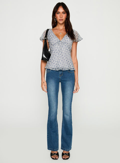 front view of model wearing Princess Polly My Last Love Top Blue Check Short Sleeves Plunger 