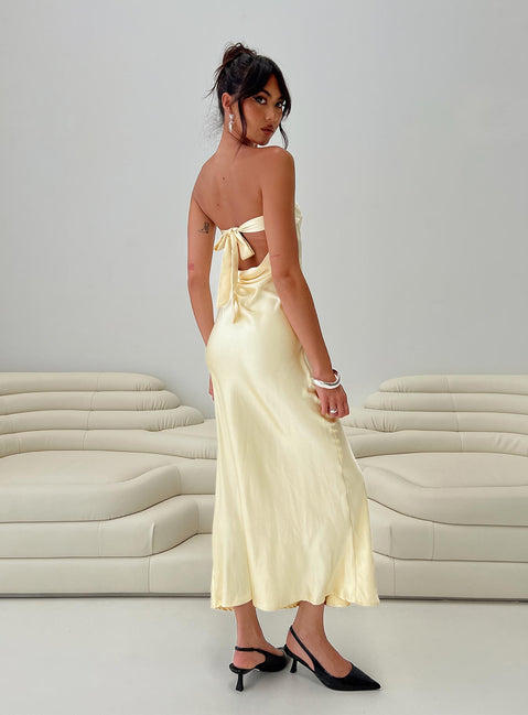 back view of model wearing Princess Polly Haley Maxi Dress Yellow Straight Neck 
