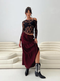   side view of model wearing Princess Polly Whole Again Maxi Skirt Burgundy Maxi 