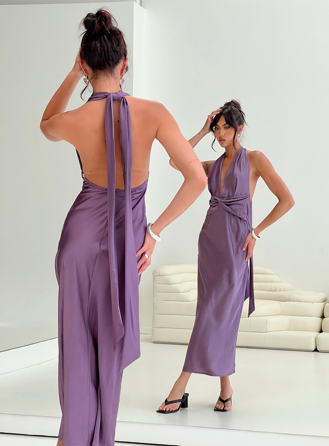 back view of model wearing Princess Polly Acesa Maxi Dress Mauve Plunger 