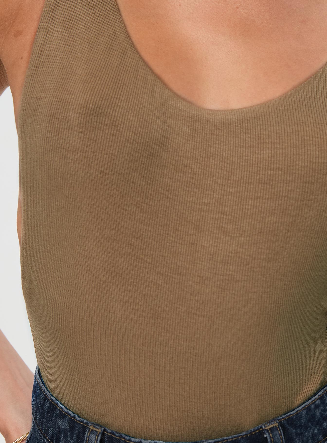 back view of model wearing Princess Polly Yolando Bodysuit Taupe Sleeveless Scoop Neck 