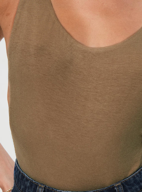 back view of model wearing Princess Polly Yolando Bodysuit Taupe Sleeveless Scoop Neck 