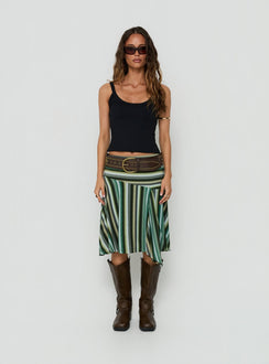Showcasing the Desidera Asymmetrical Midi Skirt Blue Multi Stripe in womens-skirts with flared fitted design front view of model wearing Princess Polly