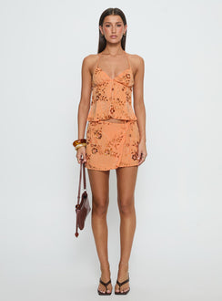   side view of model wearing Princess Polly What A Coincidence Beaded Mini Skirt Orange 