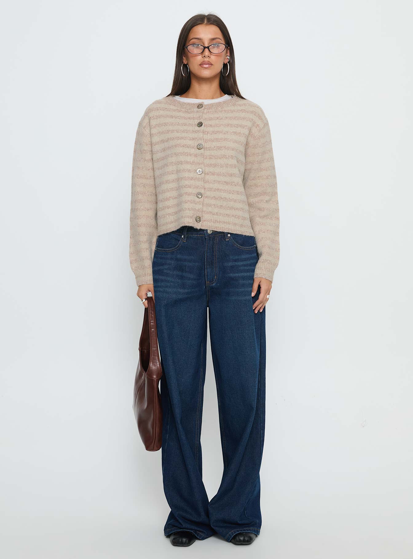 back view of model wearing Princess Polly Raynna Button Up Cardigan Beige Stripe Cropped Jumpers 