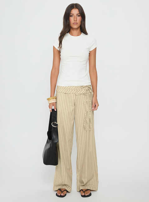 front view of model wearing Princess Polly Seneca Wrap Pant Beige Stripe Mid Rise Pants 