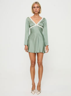 back view of model wearing Princess Polly Jaron Long Sleeve Mini Dress Sage Plunger 