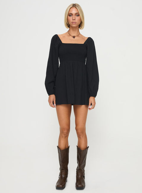 front view of model wearing Princess Polly Summer Nights Long Sleeve Mini Dress Black Square Neck 