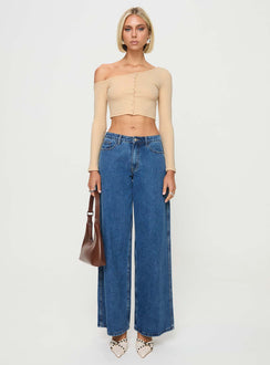 front view of model wearing Princess Polly Hisie One Shoulder Top Beige Full Sleeves Asymmetric Neckline 