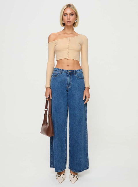 front view of model wearing Princess Polly Hisie One Shoulder Top Beige Full Sleeves Asymmetric Neckline 