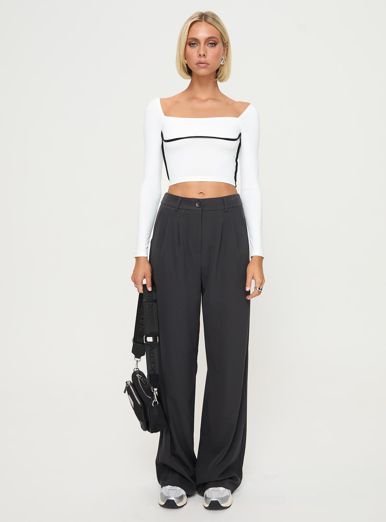 side view of model wearing Princess Polly Maidenwell Contrast Long Sleeve Top White Full Sleeves Square Neck 