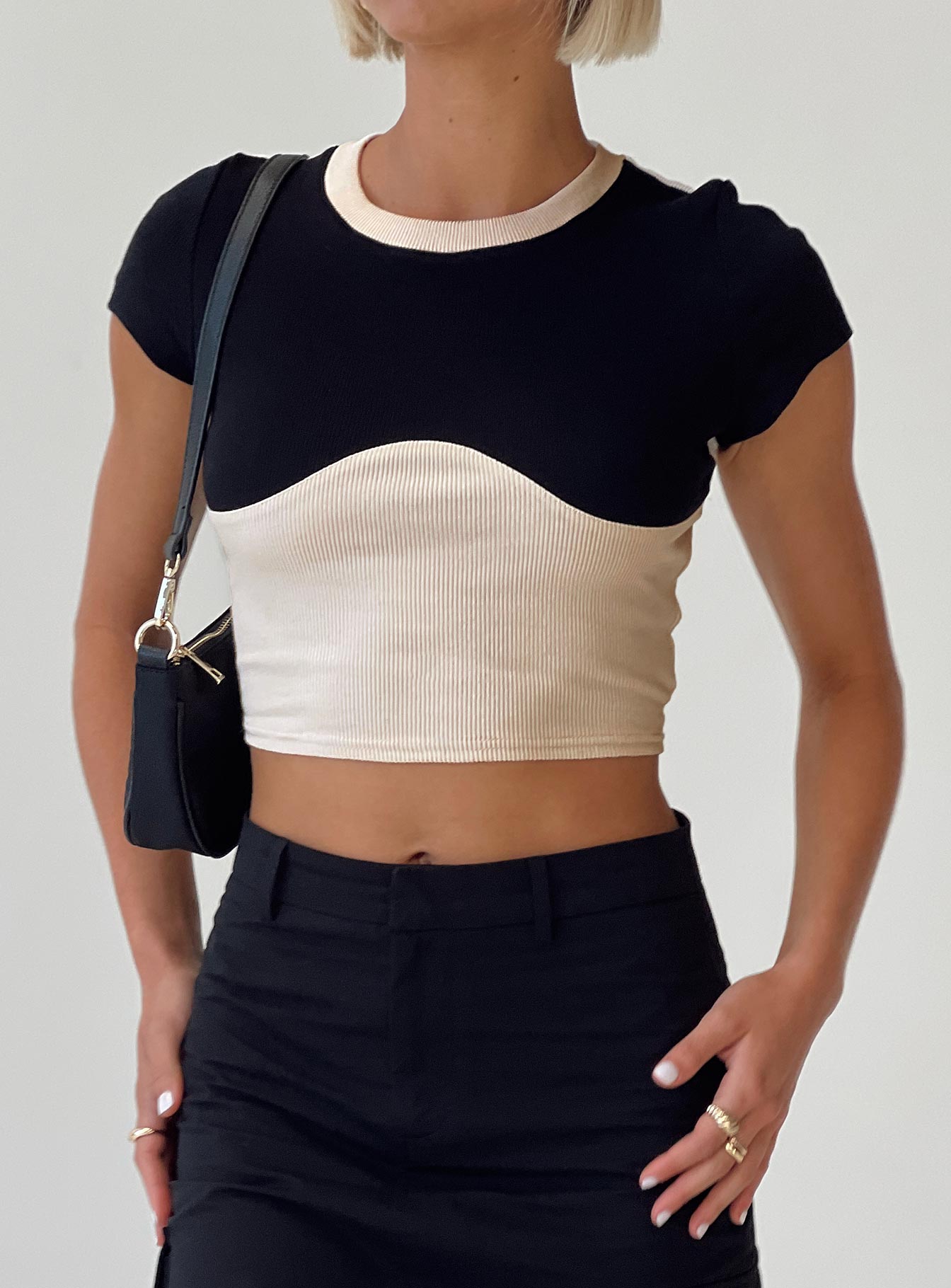 product Princess Polly Short Sleeves Crew Neck  Roka Top Black / Cream