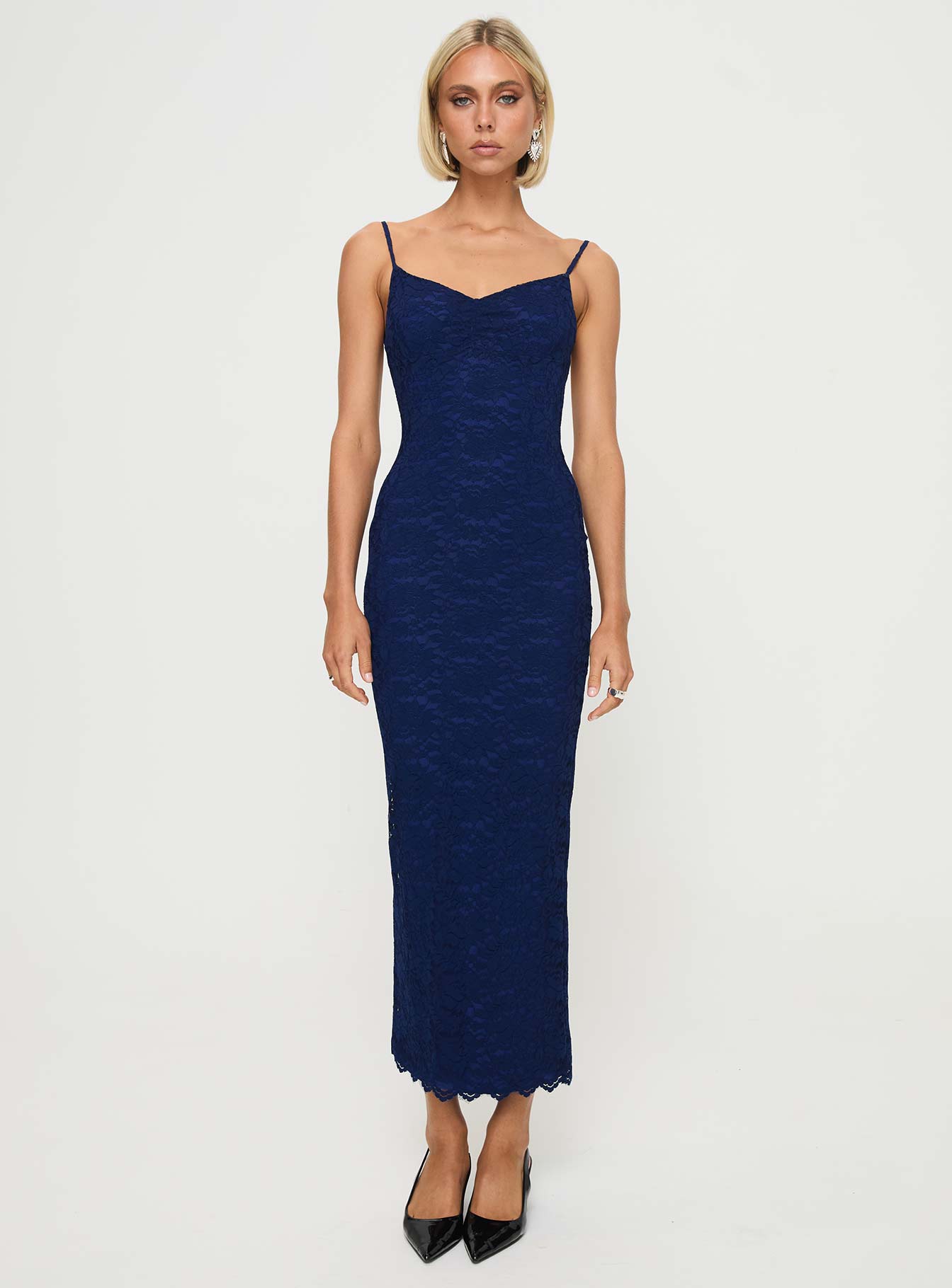 front view of model wearing Princess Polly Khalani Maxi Dress Navy Sweetheart Neckline 