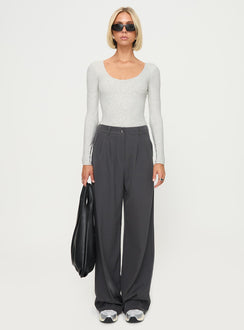 side view of model wearing Princess Polly Greener Long Sleeve Bodysuit Grey Full Sleeves Crew Neck 