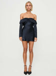 front view of model wearing Princess Polly Sadee Long Sleeve Mini Dress Navy Straight Neck 