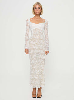side view of model wearing Princess Polly Aubriella Lace Maxi Dress Cream Sweetheart Neckline 