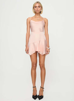 side view of model wearing Princess Polly Valen Mini Dress Pink Cowl Neck 