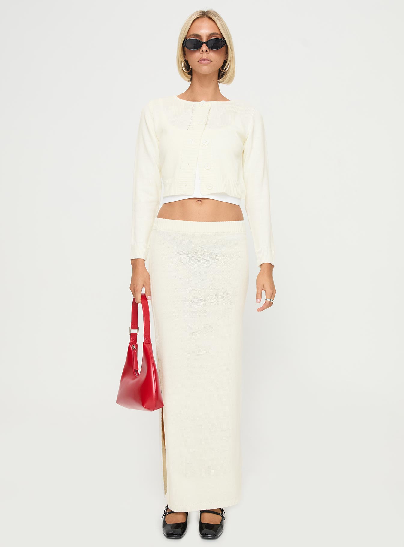   front view of model wearing Princess Polly Collase Knit Maxi Skirt Cream Maxi 