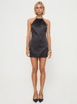 Black satin mini dress Slim fitting, halter neck tie fastening, low back