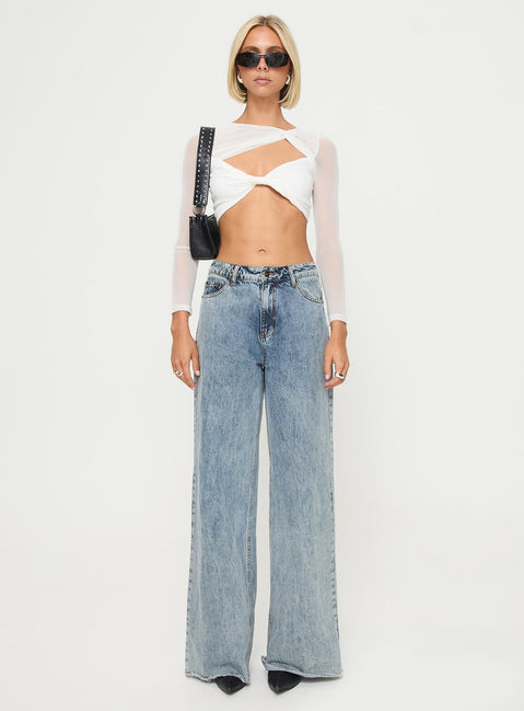 back view of model wearing Princess Polly Middleton Long Sleeve Top White Full Sleeves Asymmetric Neckline 