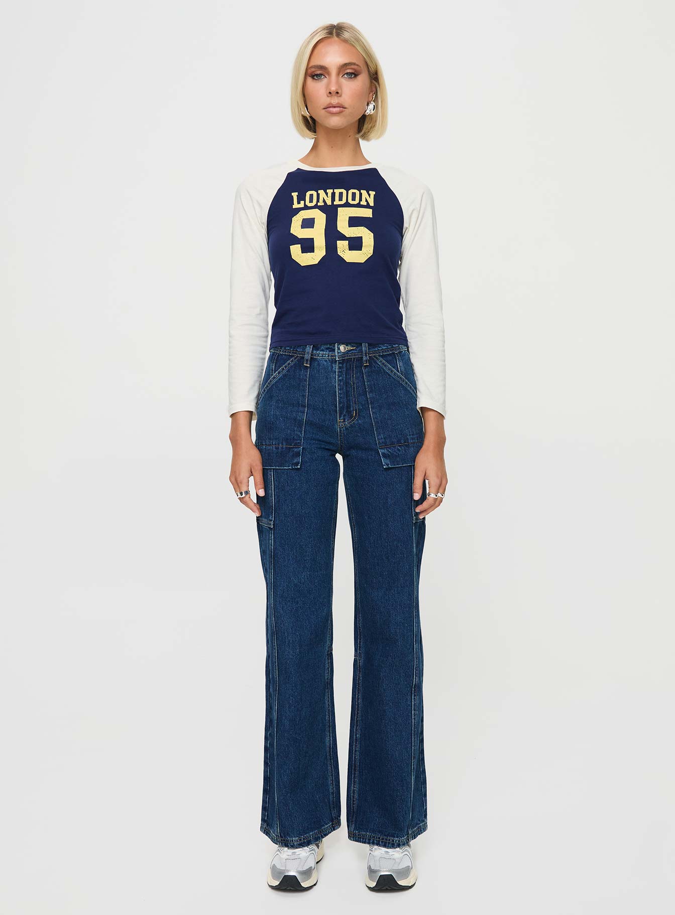 front view of model wearing Princess Polly Chad Cargo Jeans Dark Wash Denim Mid Rise 